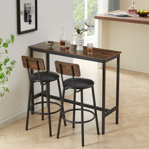 Bar Table Set with 2 Bar stools PU Soft seat with backrest, Rustic Brown, 43.31inch  L x 15.75inch  W x 35.43inch  H.