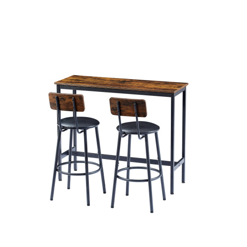 Bar Table Set with 2 Bar stools PU Soft seat with backrest, Rustic Brown, 43.31inch  L x 15.75inch  W x 35.43inch  H.