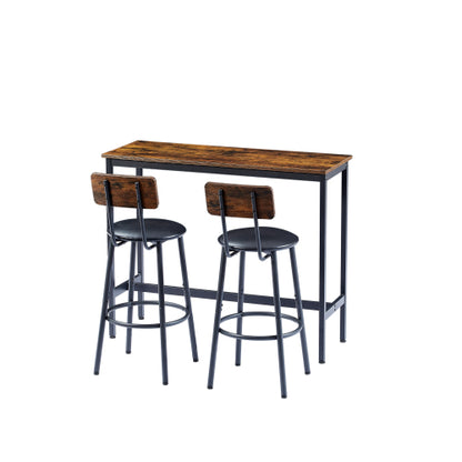 Bar Table Set with 2 Bar stools PU Soft seat with backrest, Rustic Brown, 43.31inch  L x 15.75inch  W x 35.43inch  H.