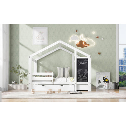 Twin House Bed with Blackboard and Drawers, Two assembly options, White