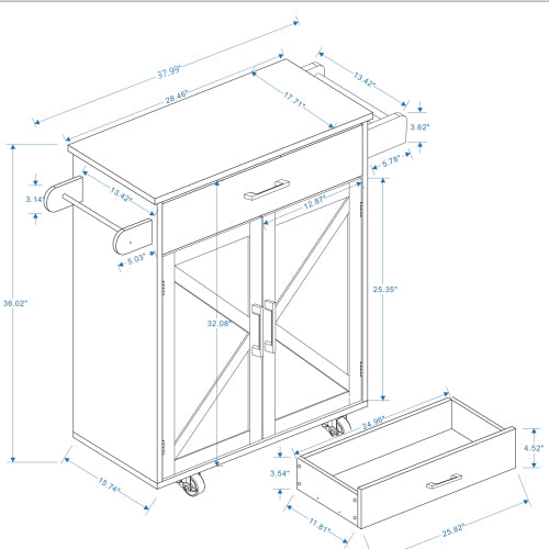 White Multifunctional Rolling Kitchen Cart With Seasoning Rack Adjustable Inner Shelves