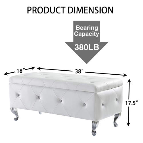 Upholstered Storage Ottoman Bench For Bedroom End Of Bed Faux Leather Rectangular Storage Benches Footrest With Crystal Buttons For Living Room Entryway (White)