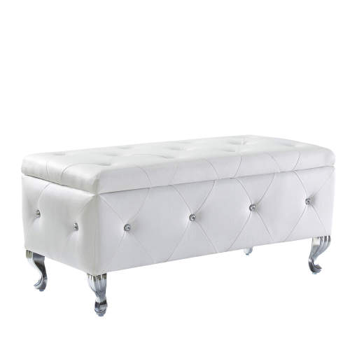 Upholstered Storage Ottoman Bench For Bedroom End Of Bed Faux Leather Rectangular Storage Benches Footrest With Crystal Buttons For Living Room Entryway (White)
