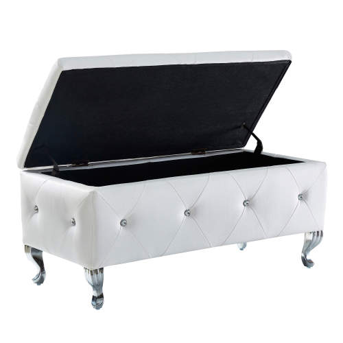 Upholstered Storage Ottoman Bench For Bedroom End Of Bed Faux Leather Rectangular Storage Benches Footrest With Crystal Buttons For Living Room Entryway (White)