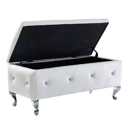 Upholstered Storage Ottoman Bench For Bedroom End Of Bed Faux Leather Rectangular Storage Benches Footrest With Crystal Buttons For Living Room Entryway (White)