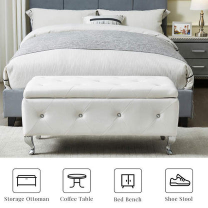 Upholstered Storage Ottoman Bench For Bedroom End Of Bed Faux Leather Rectangular Storage Benches Footrest With Crystal Buttons For Living Room Entryway (White)