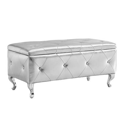 Silver Faux Leather Storage Ottoman Bench with Crystal Buttons