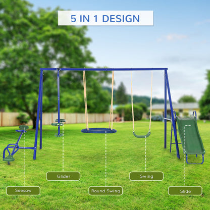 616 lbs Swing Set for Backyard, 5 in 1 Heavy-Duty A-Frame Stand Outdoor Playset for Kids, with Saucer Swing, Slide, Seesaw, Glider, Swing Seat