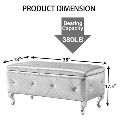 Silver Faux Leather Storage Ottoman Bench with Crystal Buttons