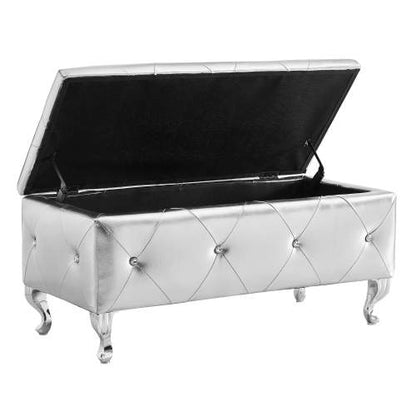 Silver Faux Leather Storage Ottoman Bench with Crystal Buttons