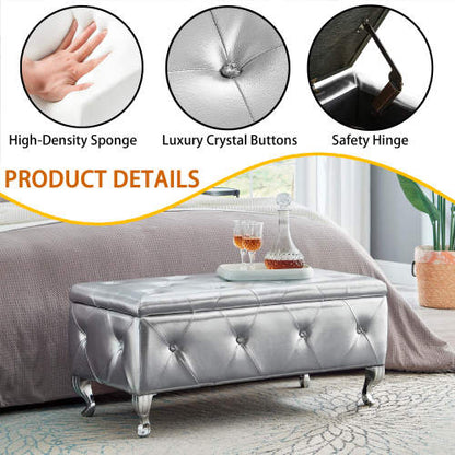 Silver Faux Leather Storage Ottoman Bench with Crystal Buttons