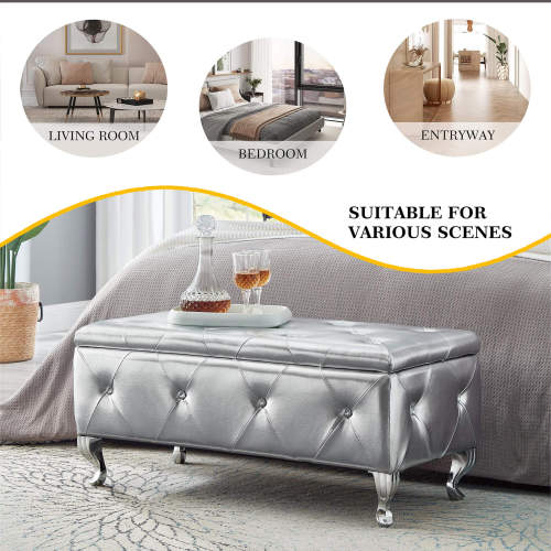 Silver Faux Leather Storage Ottoman Bench with Crystal Buttons