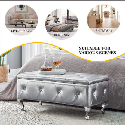 Silver Faux Leather Storage Ottoman Bench with Crystal Buttons