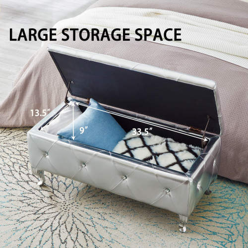 Silver Faux Leather Storage Ottoman Bench with Crystal Buttons