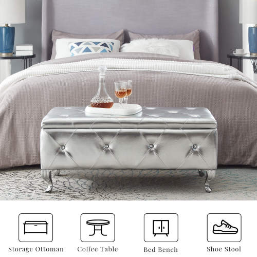 Silver Faux Leather Storage Ottoman Bench with Crystal Buttons