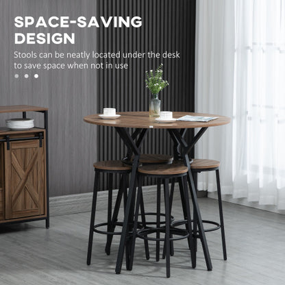 5-Piece Black & Brown Round Bar Table Set, Industrial Wood Grain Table with 4 Space-Saving Stools