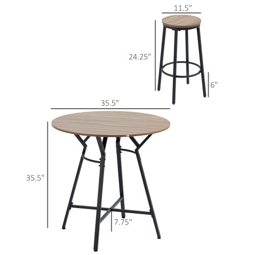 5-Piece Black & Brown Round Bar Table Set, Industrial Wood Grain Table with 4 Space-Saving Stools