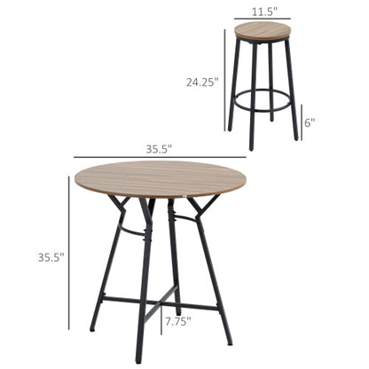 5-Piece Black & Brown Round Bar Table Set, Industrial Wood Grain Table with 4 Space-Saving Stools