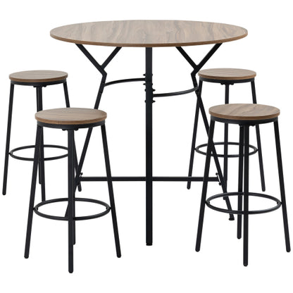 5-Piece Black & Brown Round Bar Table Set, Industrial Wood Grain Table with 4 Space-Saving Stools