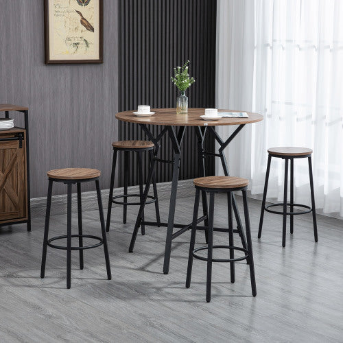 5-Piece Black & Brown Round Bar Table Set, Industrial Wood Grain Table with 4 Space-Saving Stools