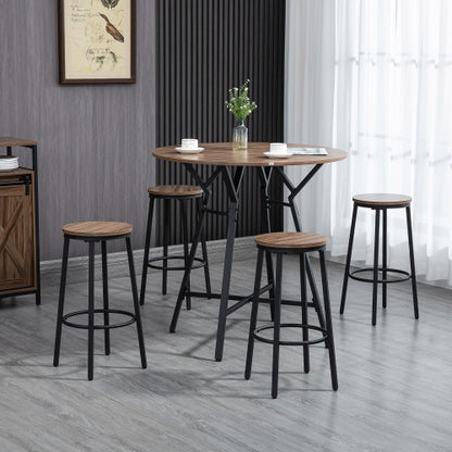 5-Piece Black & Brown Round Bar Table Set, Industrial Wood Grain Table with 4 Space-Saving Stools