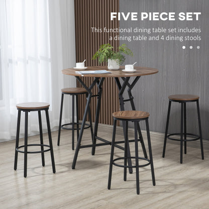 5-Piece Black & Brown Round Bar Table Set, Industrial Wood Grain Table with 4 Space-Saving Stools