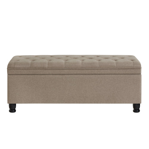 Upholstered tufted button storage bench ,Linen fabric entry bench with spindle wooden legs, Bed bench- Linen