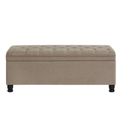 Upholstered tufted button storage bench ,Linen fabric entry bench with spindle wooden legs, Bed bench- Linen