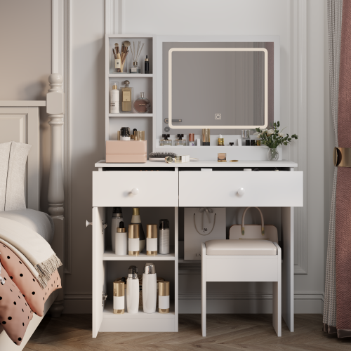 LED Vanity Desk with Mirror & Lights, 3 Color Lighting Brightness Adjustable, 2 Big Drawers, White