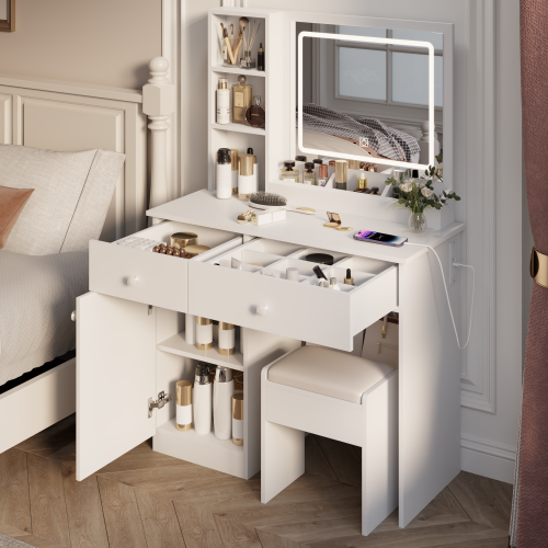 LED Vanity Desk with Mirror & Lights, 3 Color Lighting Brightness Adjustable, 2 Big Drawers, White