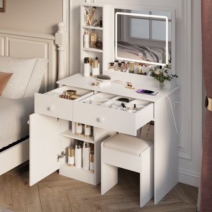 LED Vanity Desk with Mirror & Lights, 3 Color Lighting Brightness Adjustable, 2 Big Drawers, White