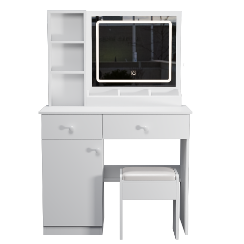 LED Vanity Desk with Mirror & Lights, 3 Color Lighting Brightness Adjustable, 2 Big Drawers, White