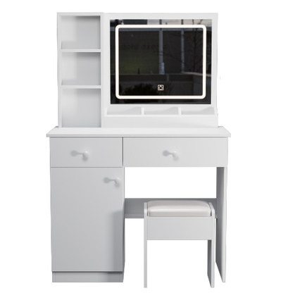 LED Vanity Desk with Mirror & Lights, 3 Color Lighting Brightness Adjustable, 2 Big Drawers, White