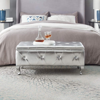 Silver Faux Leather Storage Ottoman Bench with Crystal Buttons