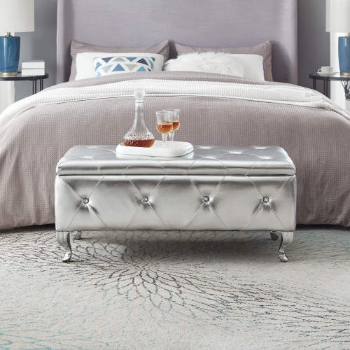 Silver Faux Leather Storage Ottoman Bench with Crystal Buttons