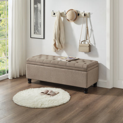 Upholstered tufted button storage bench ,Linen fabric entry bench with spindle wooden legs, Bed bench- Linen
