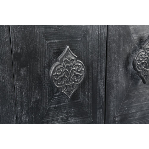 Carved Flower Door Handle Antique Four Door Cabinet for Living Room Kitchen Hallway (Black)