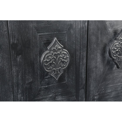 Carved Flower Door Handle Antique Four Door Cabinet for Living Room Kitchen Hallway (Black)