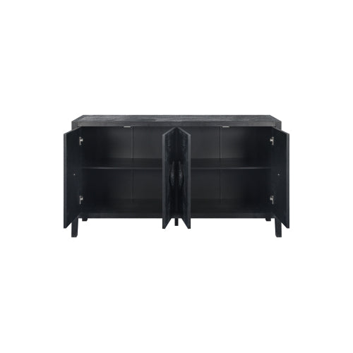 Carved Flower Door Handle Antique Four Door Cabinet for Living Room Kitchen Hallway (Black)