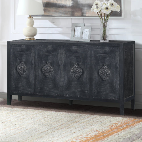 Carved Flower Door Handle Antique Four Door Cabinet for Living Room Kitchen Hallway (Black)