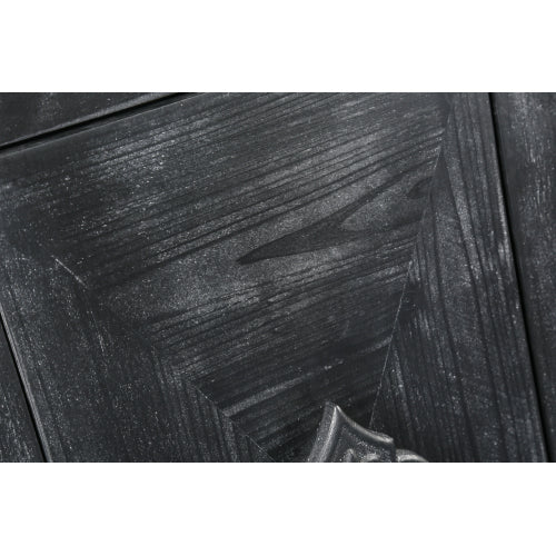 Carved Flower Door Handle Antique Four Door Cabinet for Living Room Kitchen Hallway (Black)