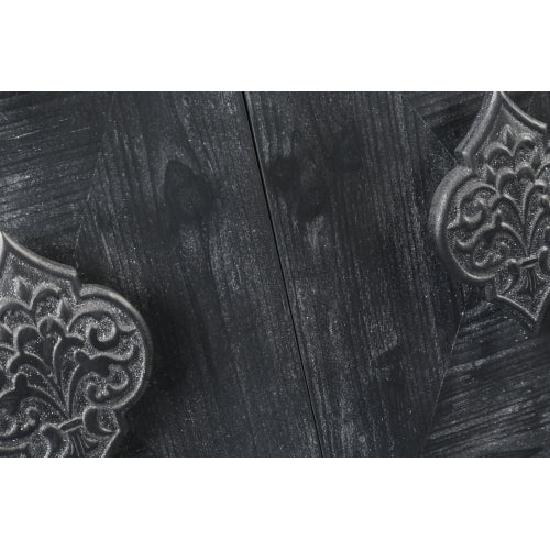 Carved Flower Door Handle Antique Four Door Cabinet for Living Room Kitchen Hallway (Black)