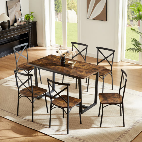 7-Piece Brown Industrial Dining Set, MDF & Metal Frame Kitchen Table and Chairs Set for Small Spaces