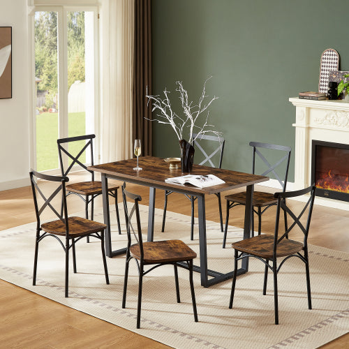 7-Piece Brown Industrial Dining Set, MDF & Metal Frame Kitchen Table and Chairs Set for Small Spaces