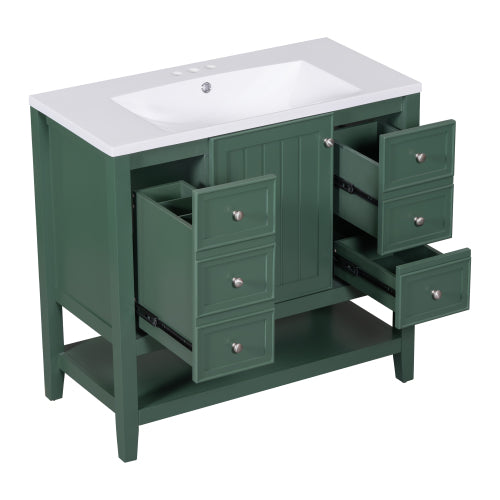36" Bathroom Vanity with Sink, One Cabinet and Three Drawers, Solid Wood and MDF Board, Green (Old Sku:SY999505AAG-6)