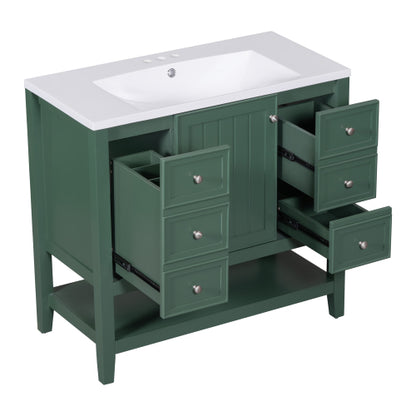 36" Bathroom Vanity with Sink, One Cabinet and Three Drawers, Solid Wood and MDF Board, Green (Old Sku:SY999505AAG-6)