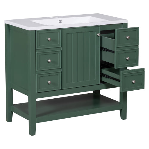 36" Bathroom Vanity with Sink, One Cabinet and Three Drawers, Solid Wood and MDF Board, Green (Old Sku:SY999505AAG-6)