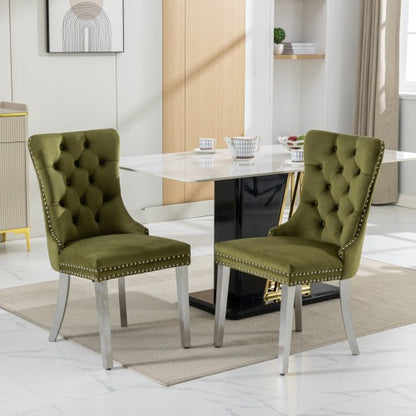 Tufted Velvet Dining Chairs with Nailhead Trim and Chrome Legs, Set of 2, Olive Green