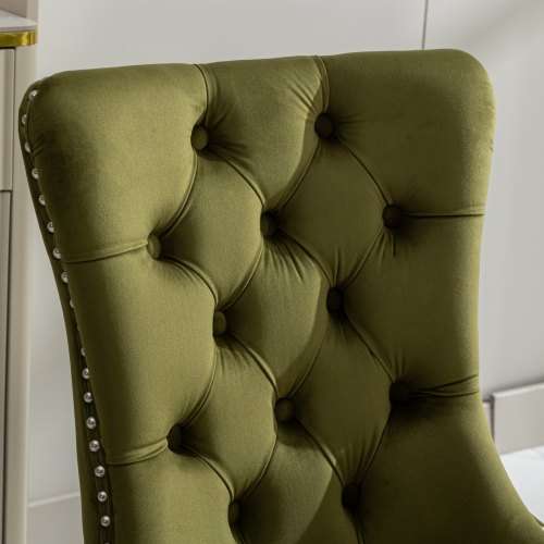 Tufted Velvet Dining Chairs with Nailhead Trim and Chrome Legs, Set of 2, Olive Green