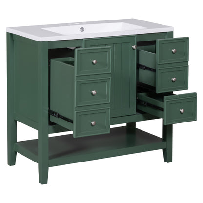 36" Bathroom Vanity with Sink, One Cabinet and Three Drawers, Solid Wood and MDF Board, Green (Old Sku:SY999505AAG-6)